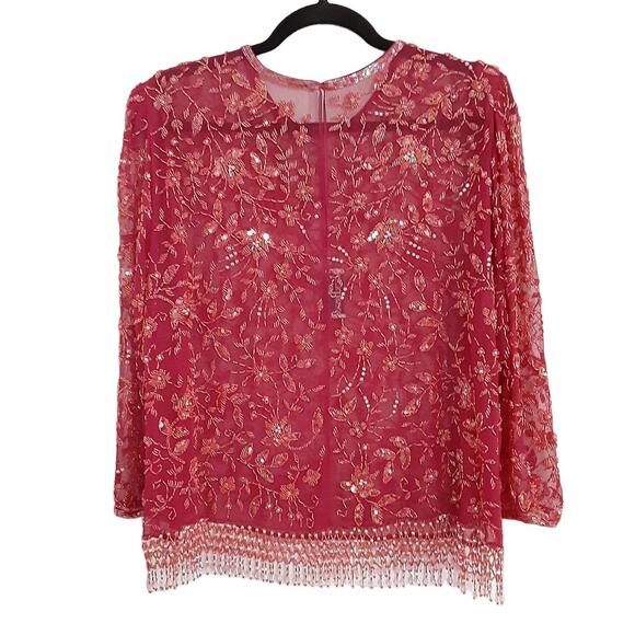 Vintage 70s Jack Bryan Beaded Sheer Silk Tunic Top Cherry Red Evening Holiday - Picture 11 of 15
